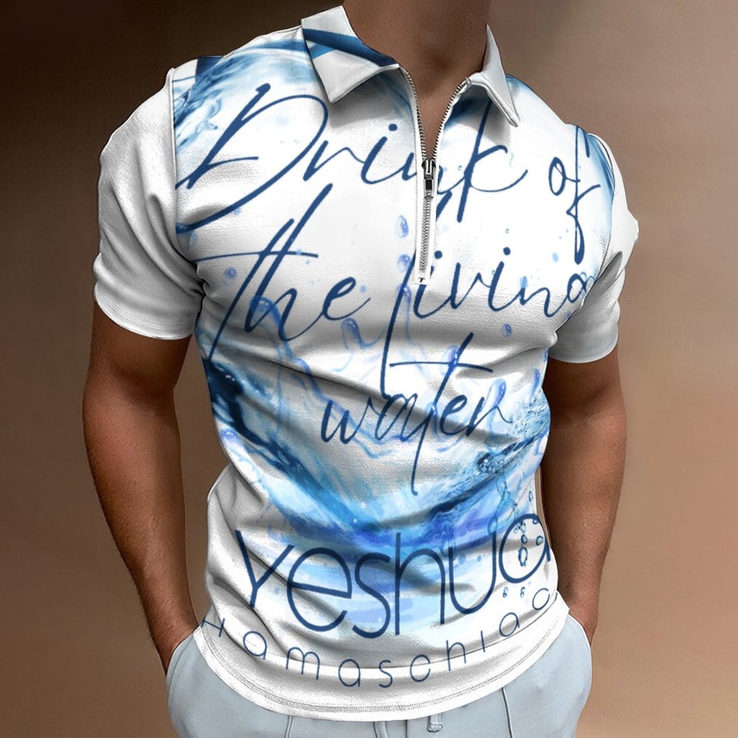 YESHUA, Living Waters - Men's Short Sleeve POLO Shirt with Zipper