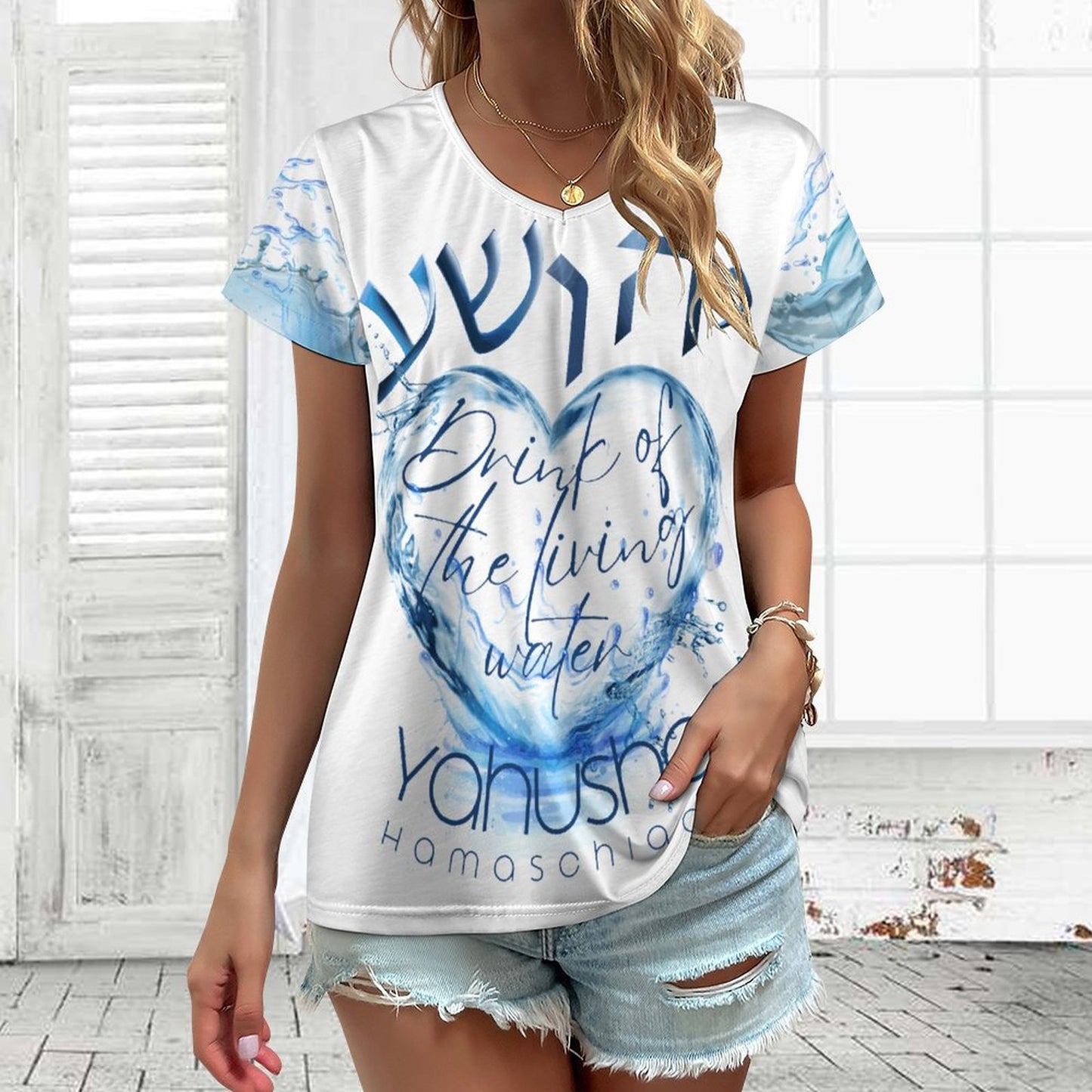 Living Waters, Yahusha - Women's V-neck Short Sleeve T-Shirt