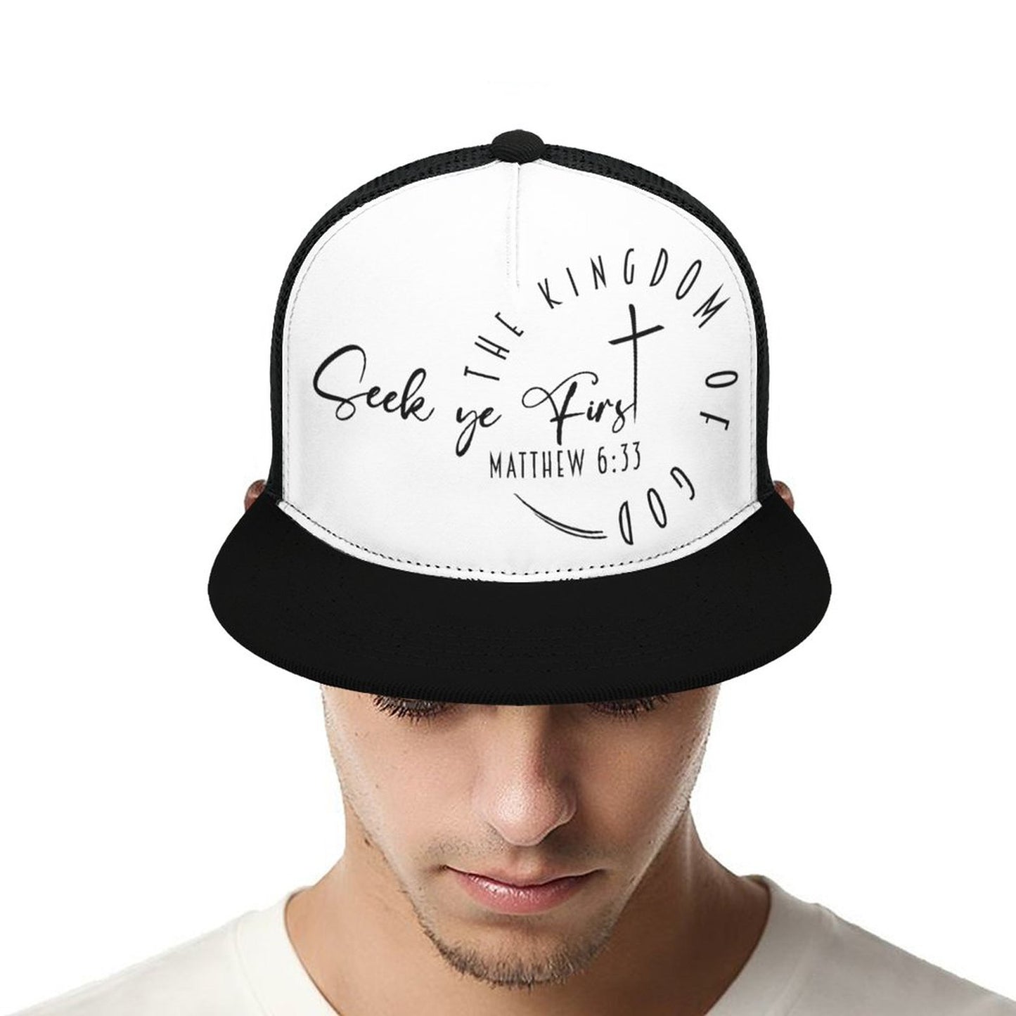 (Minimalist) Seek Ye First - Flat Brim Trucker Hat