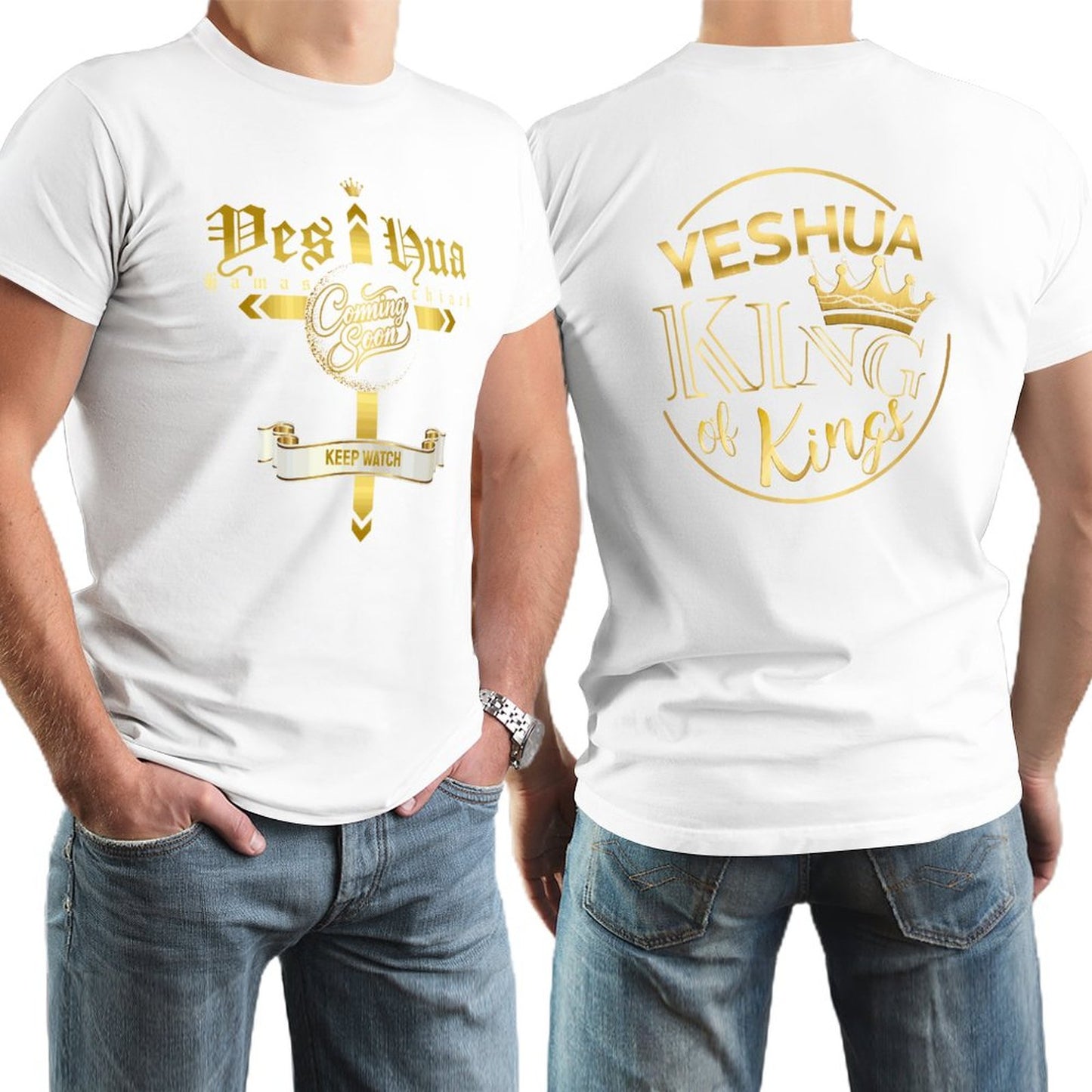 White t-shirt with gold 'Yeshua King of Kings' design on front and back, worn by a person.