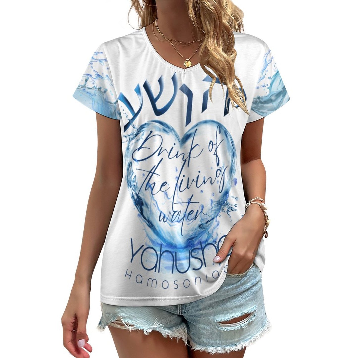 Living Waters, Yahusha - Women's V-neck Short Sleeve T-Shirt