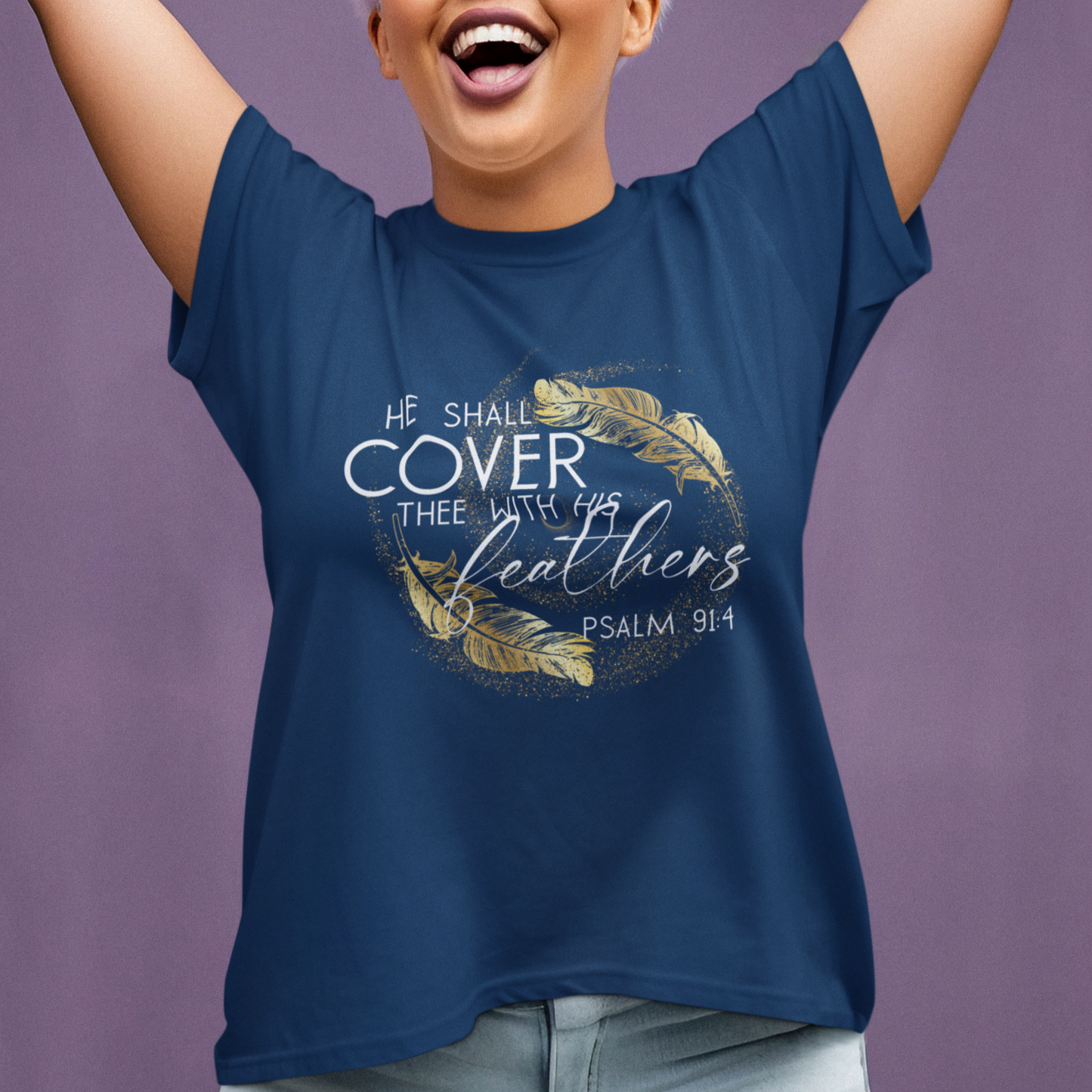 Woman wearing a blue t-shirt with a Psalm 91 quote against a purple background