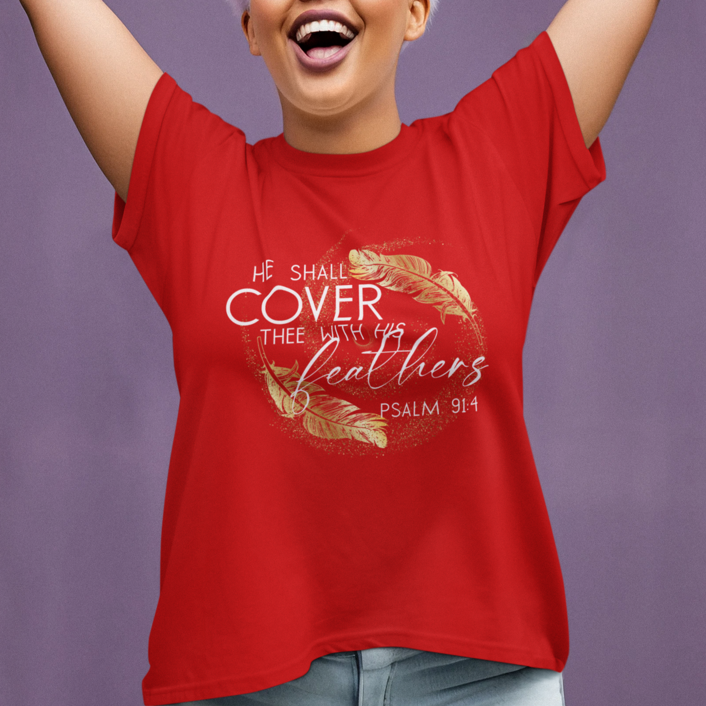 Person wearing a red t-shirt with a Psalm 91 quote on a purple background
