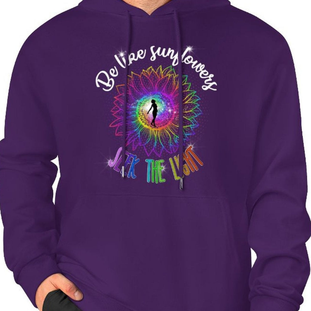 Person wearing a purple hoodie with a colorful design and text on a white background