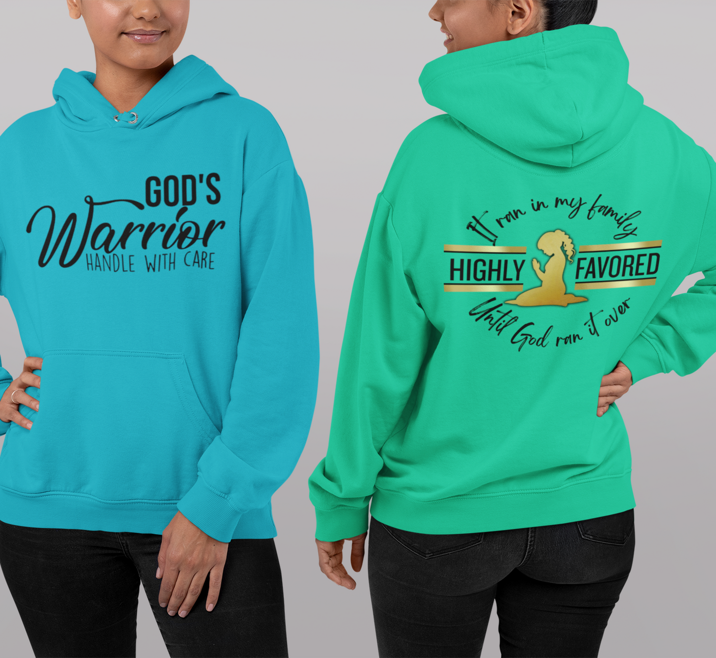 Turquoise hoodie with text on front and back worn by a person, on a plain background
