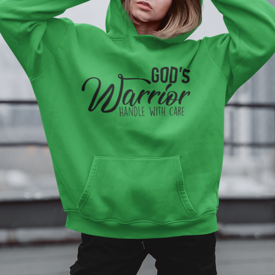 Person wearing a green hoodie with text, standing on a rooftop with a cityscape background