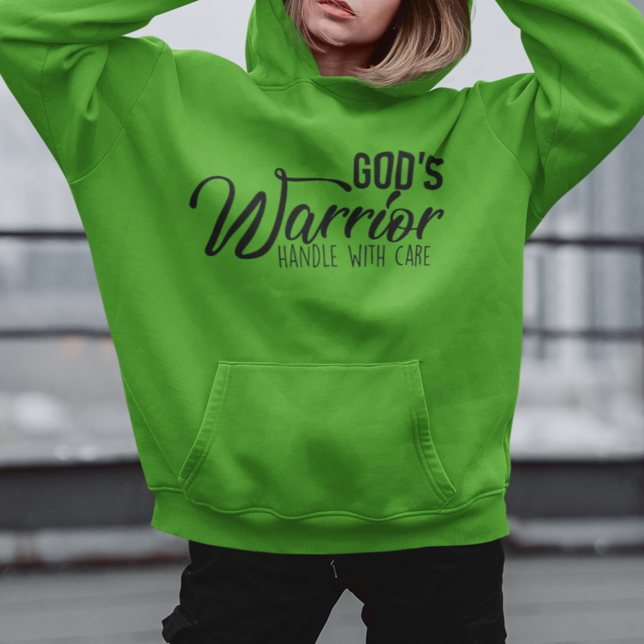 Person wearing a bright green hoodie with text, standing on a rooftop.