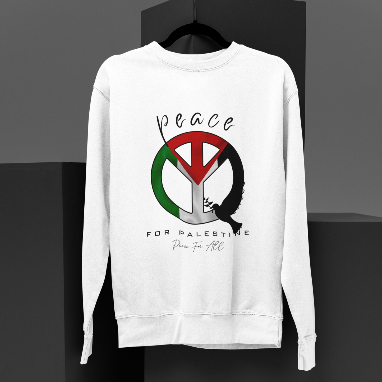 White sweatshirt with a peace symbol design on a black background