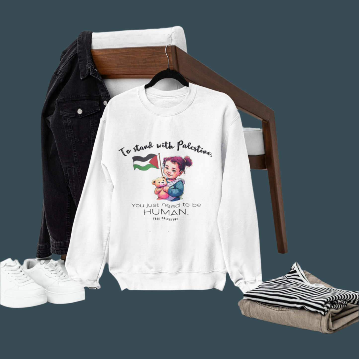 White sweatshirt with a printed design on a white background