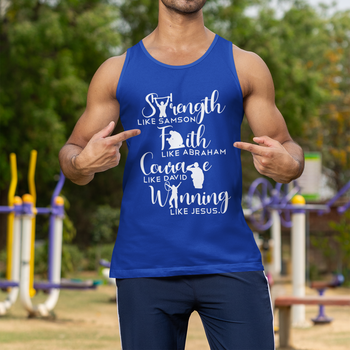 Man wearing a blue tank top with motivational text outdoors