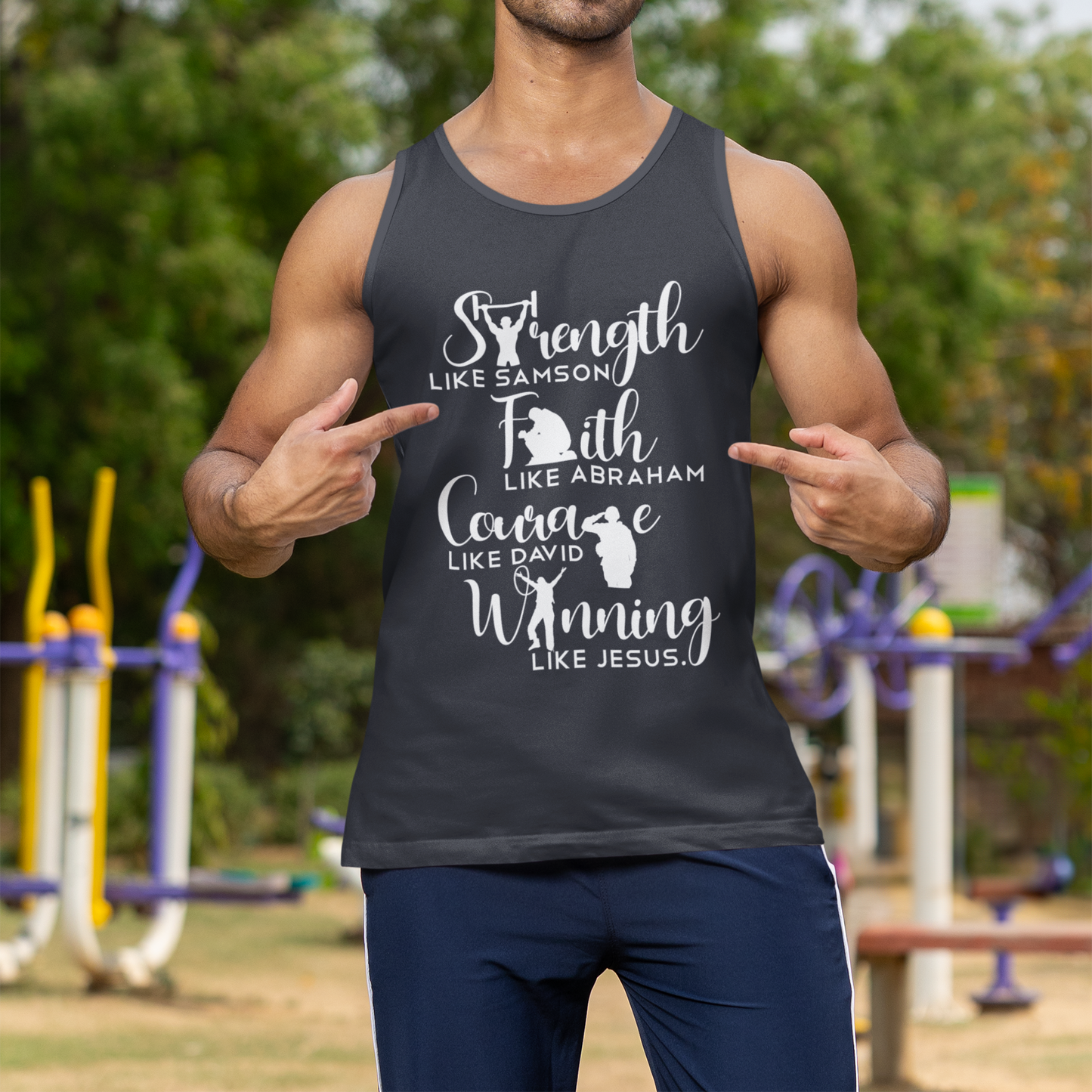 Man wearing a tank top with motivational text outdoors