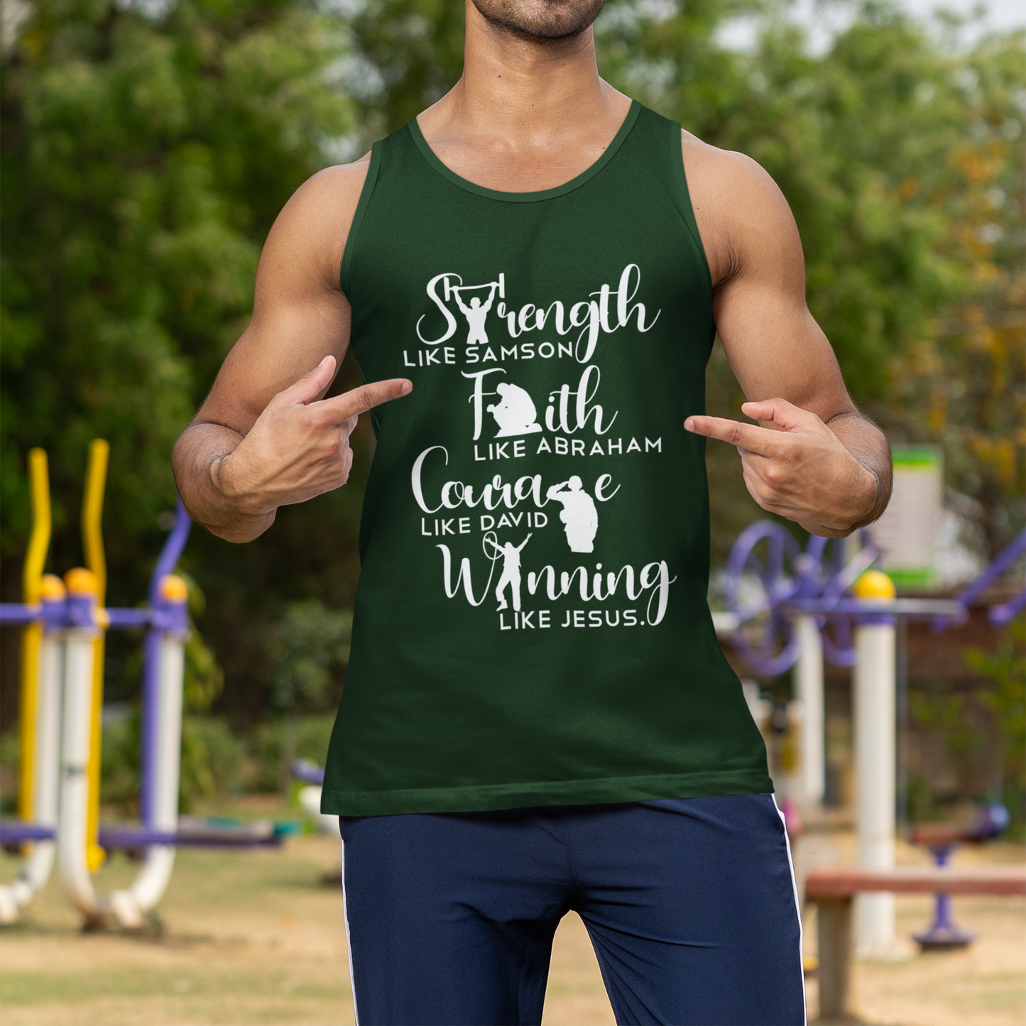 Man wearing a green tank top with motivational text outdoors