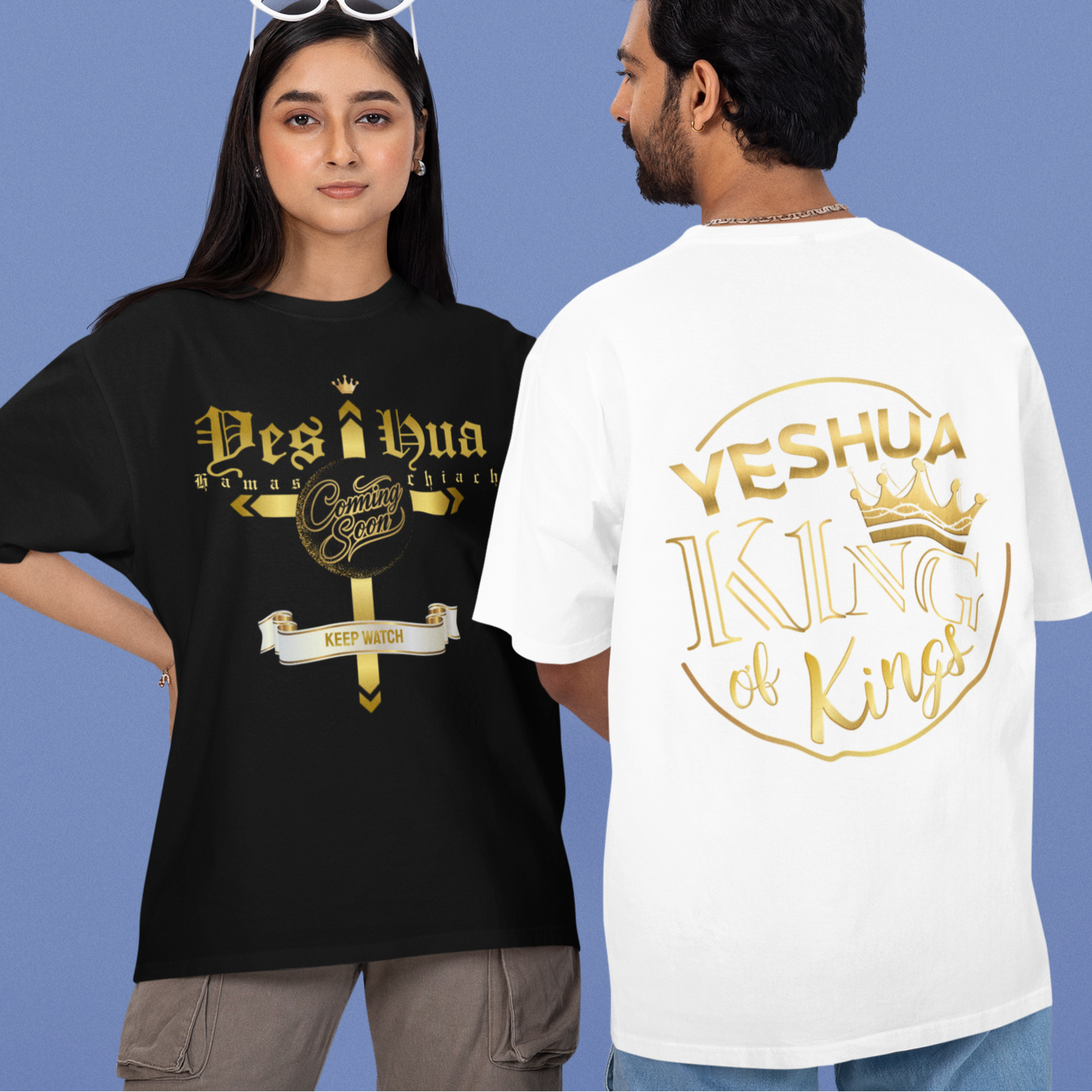 Two people wearing t-shirts with 'Yeshua King of Kings' and 'Desi Hua' text on a blue background