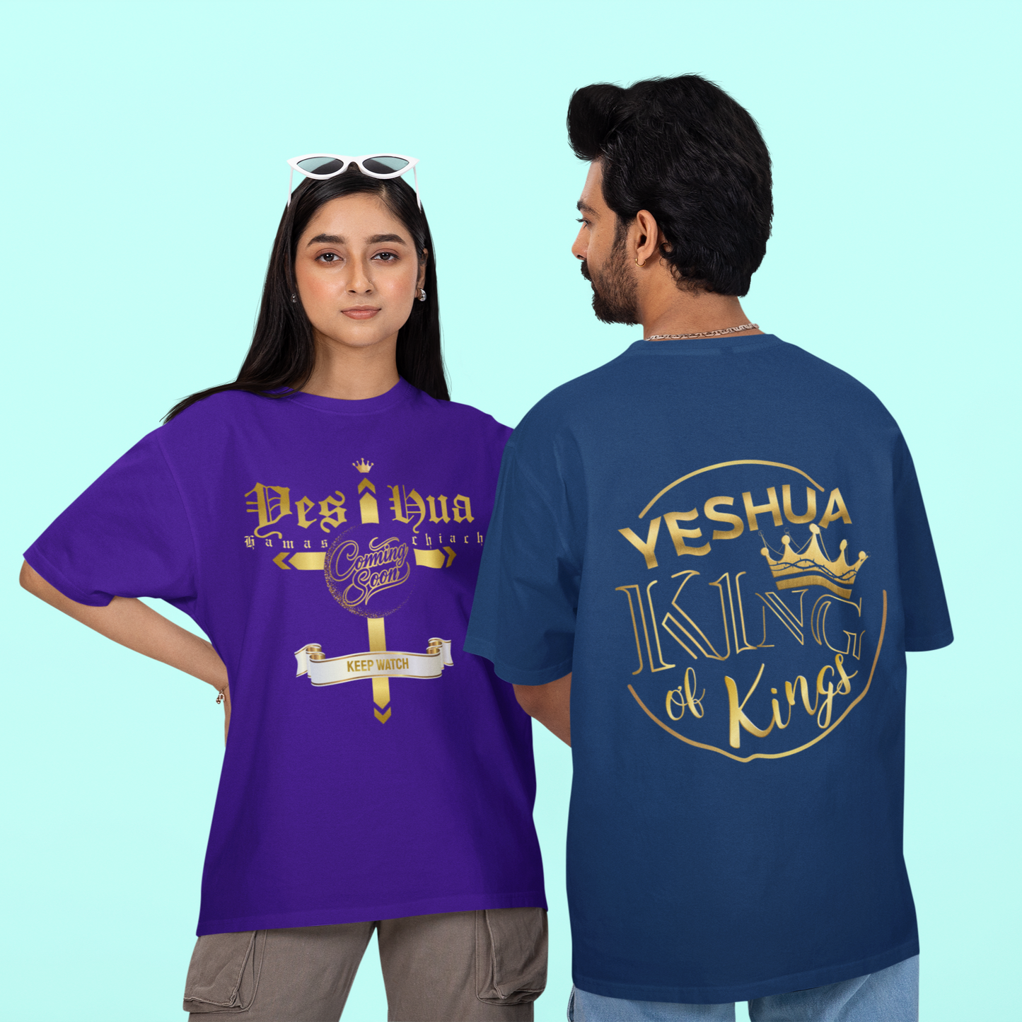 Two people wearing t-shirts with 'Yeshua King of Kings' design on a light blue background
