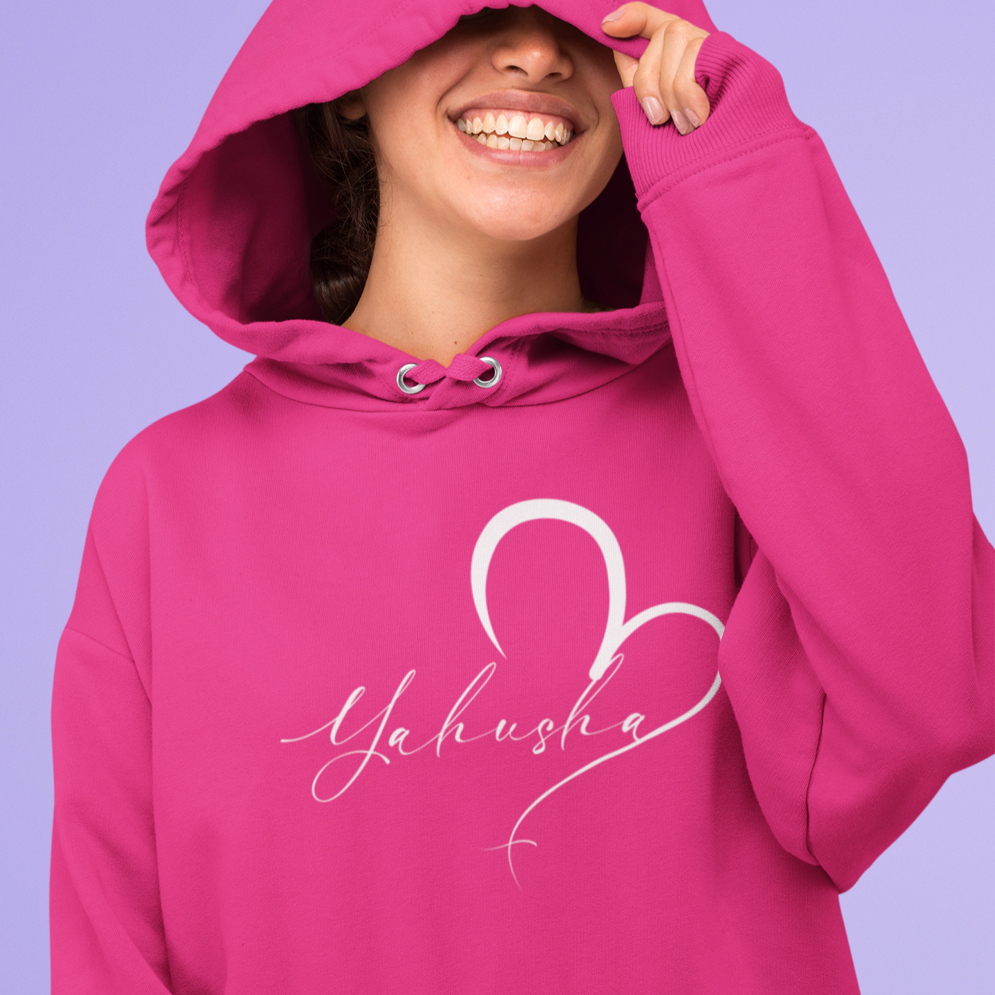 Person wearing a pink hoodie with 'Masha' design on a purple background