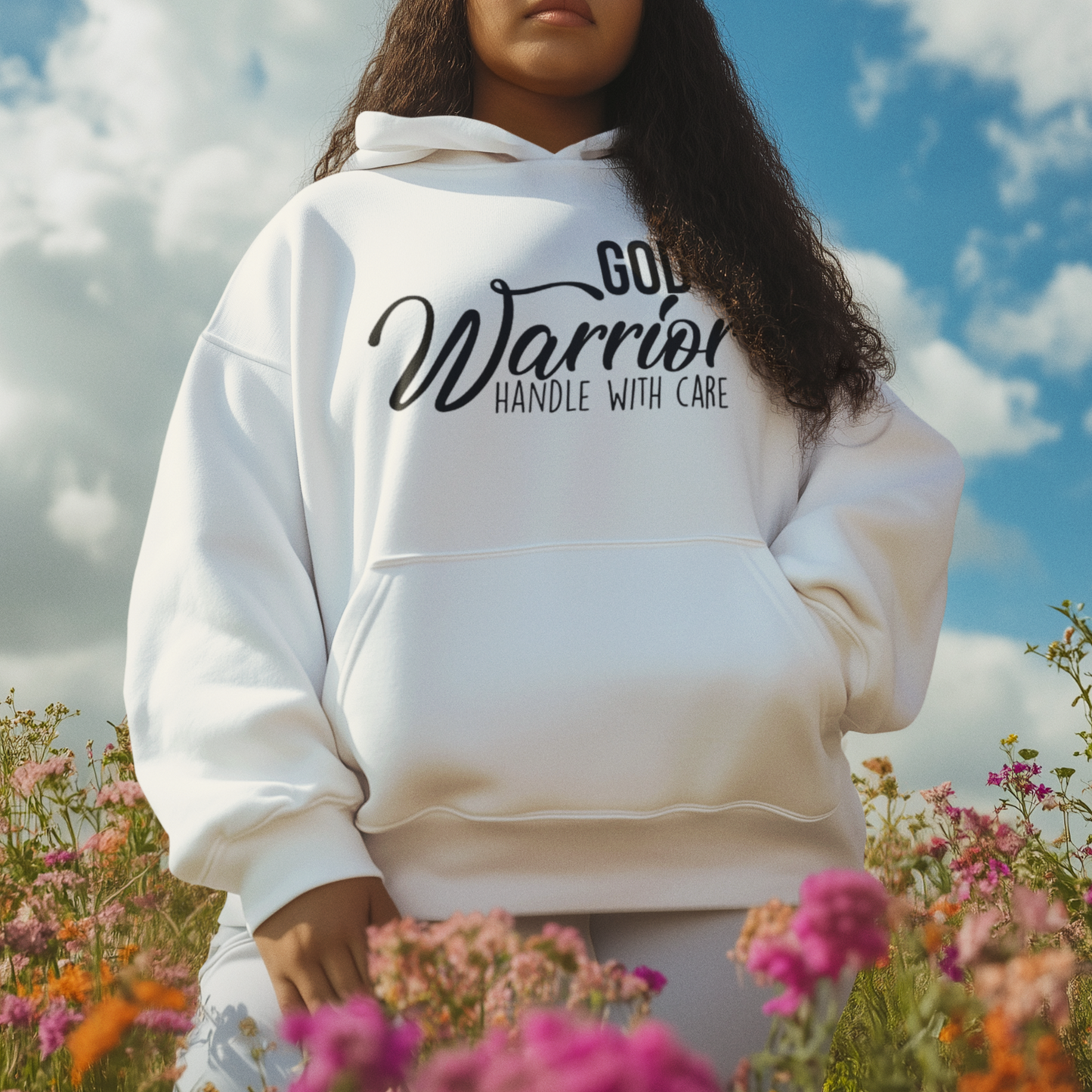 Person wearing a white hoodie with text, standing in a field of flowers with a blue sky.