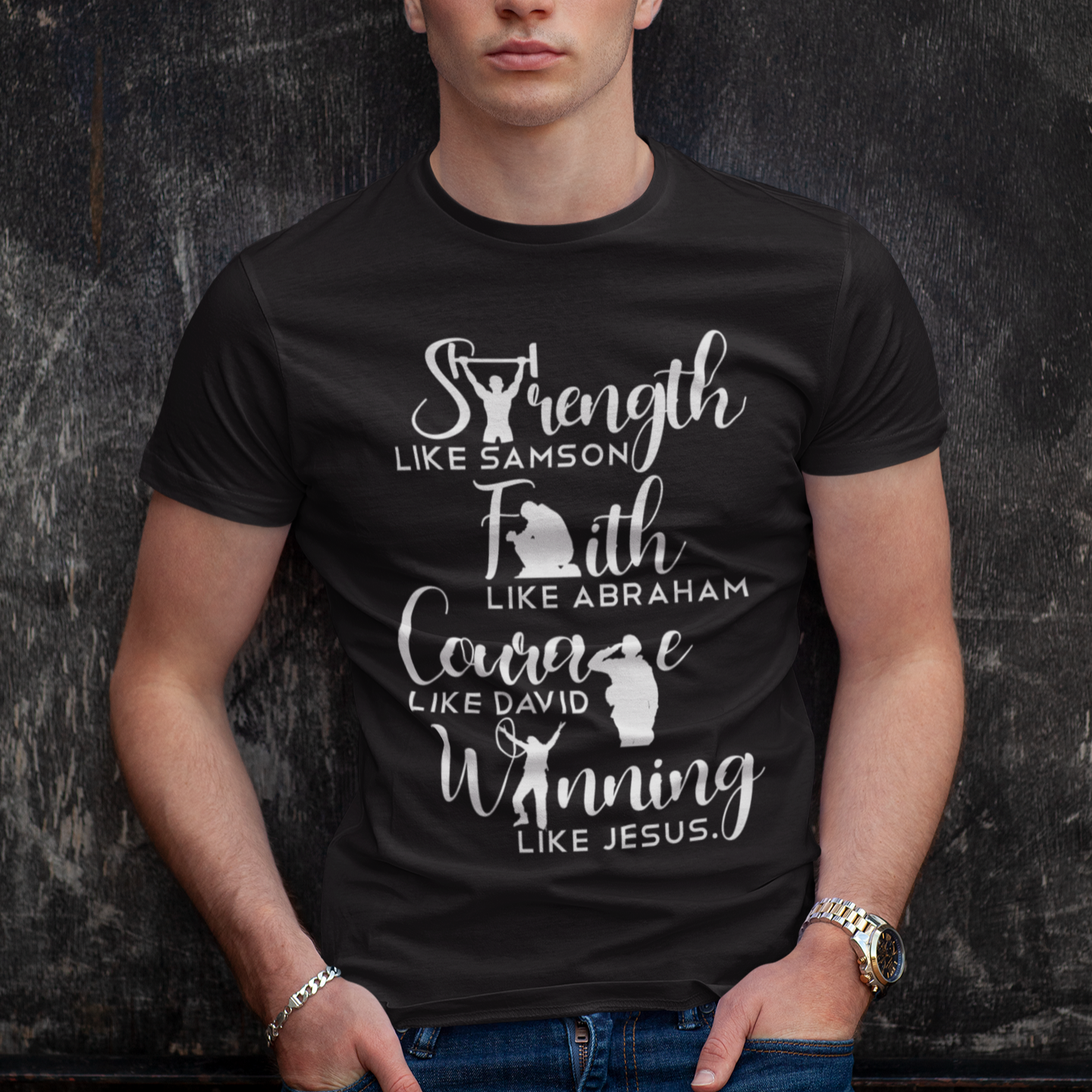 Man wearing a black t-shirt with motivational quote against a dark textured background