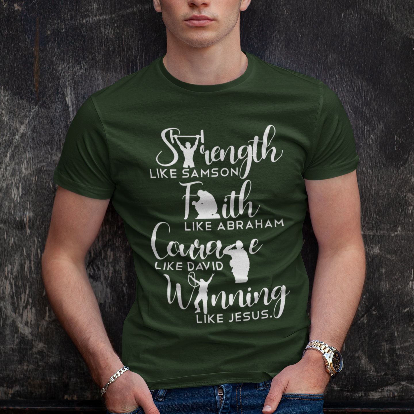 Man wearing a green t-shirt with motivational quote against a dark textured background