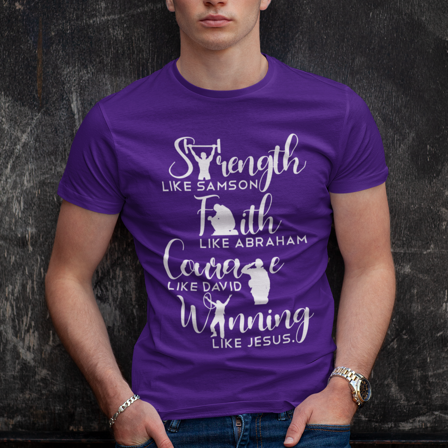 Man wearing a purple t-shirt with motivational quote against a dark textured background
