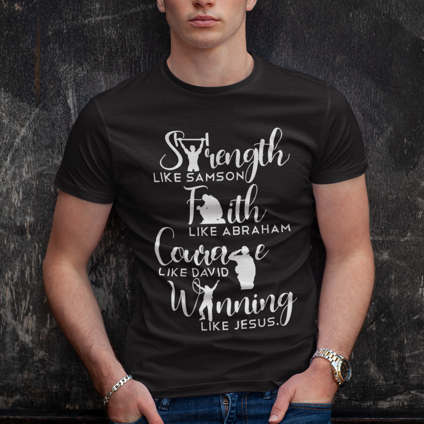 Man wearing a black t-shirt with motivational quote against a dark textured background