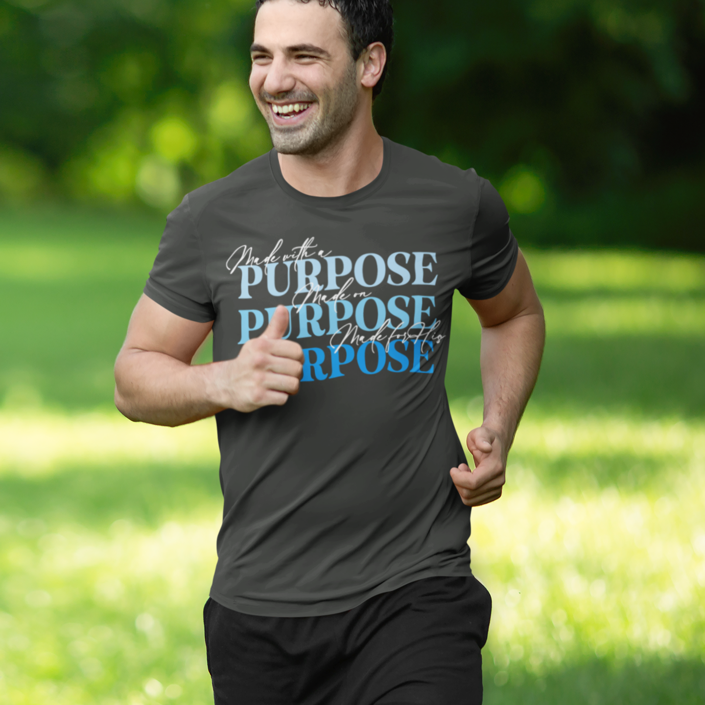 Man running outdoors wearing a t-shirt with 'Purpose' text