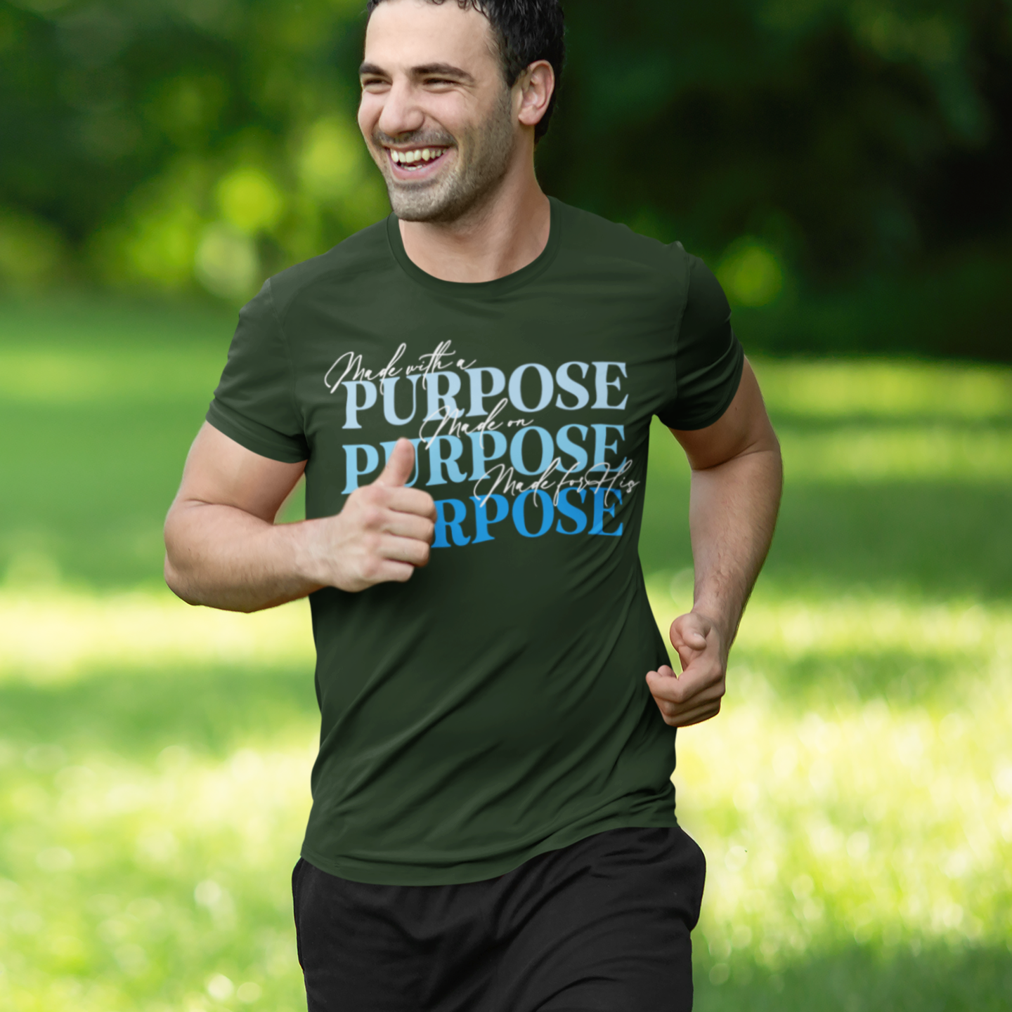 Man running outdoors wearing a green t-shirt with 'Purpose' text