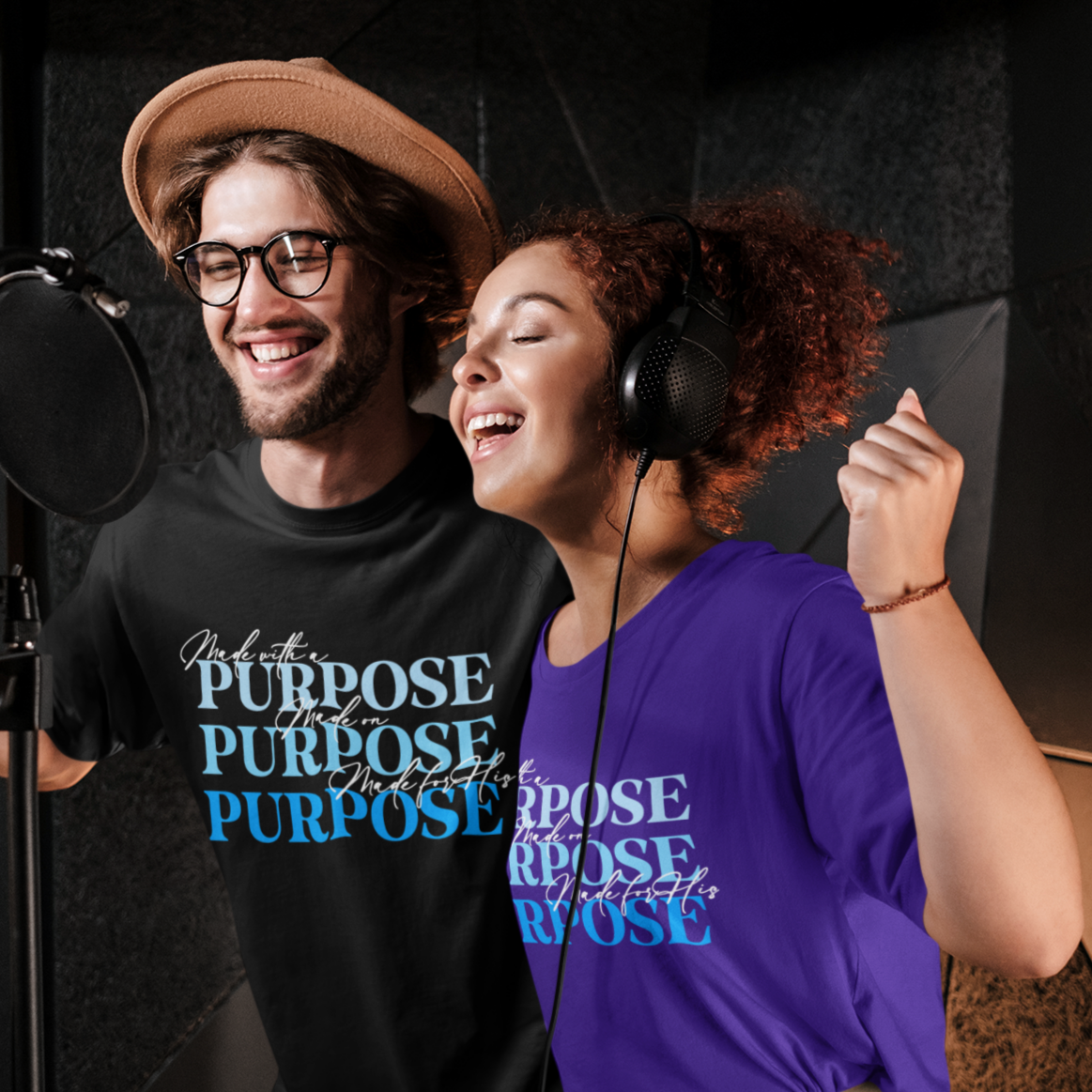 Two people in a recording studio with 'PURPOSE' shirts on.