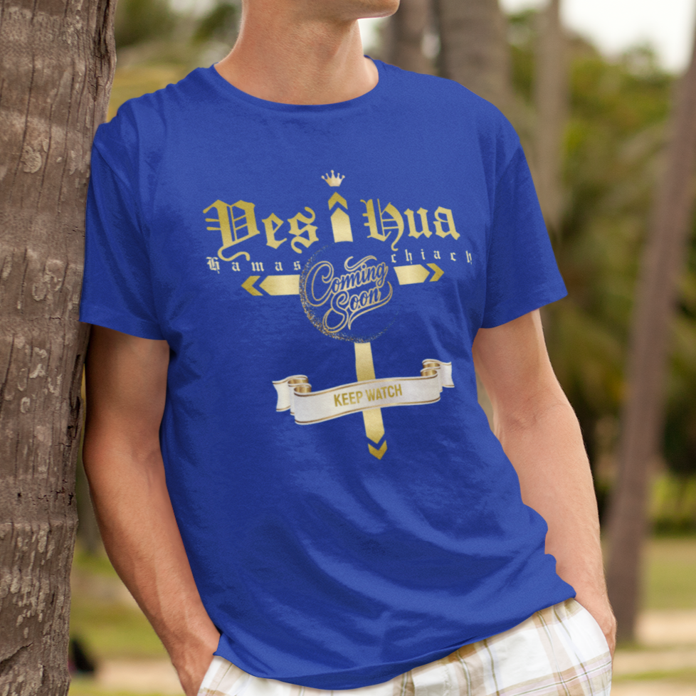 Person wearing a blue t-shirt with text and graphics, standing against a palm tree.