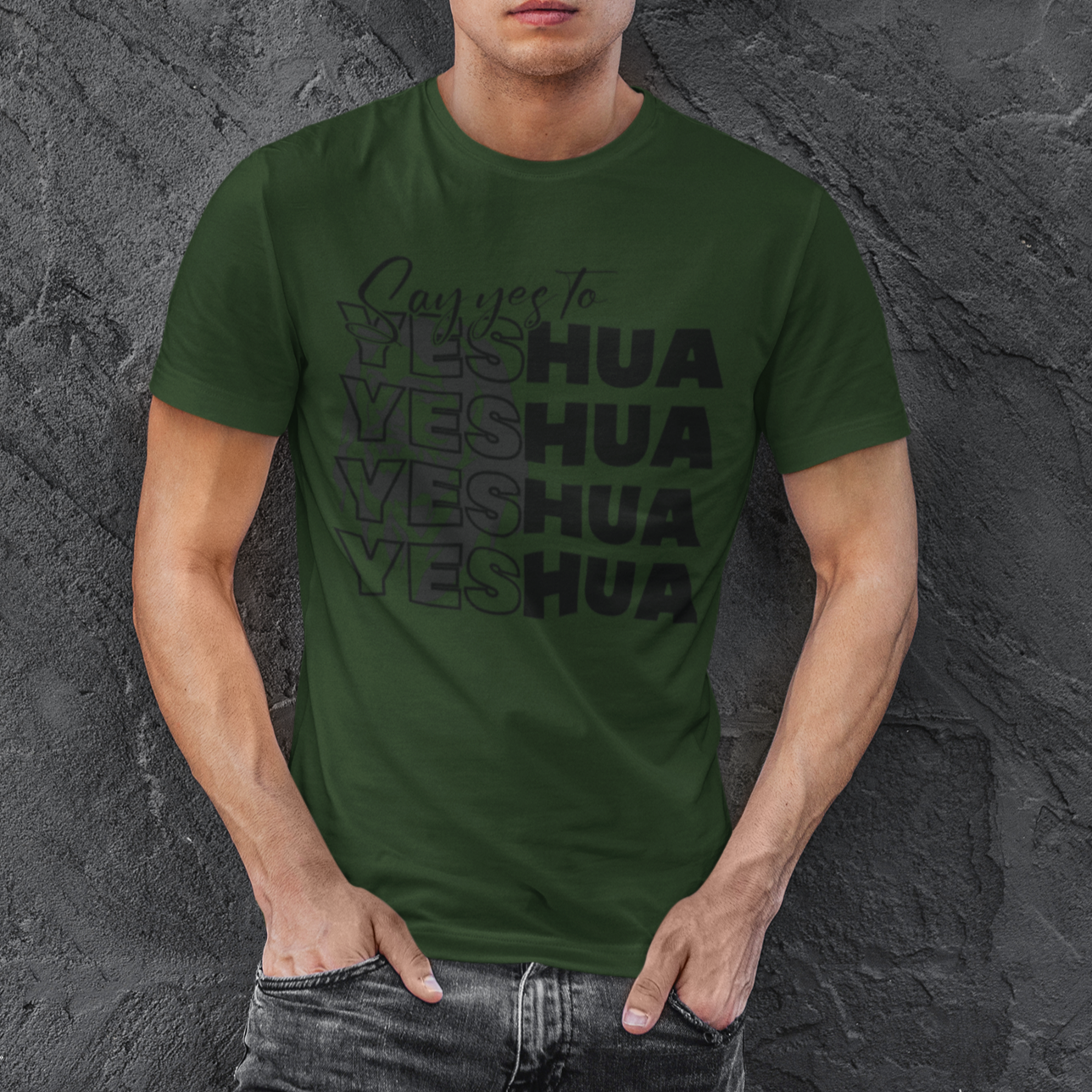 Man wearing a green t-shirt with text against a textured gray background