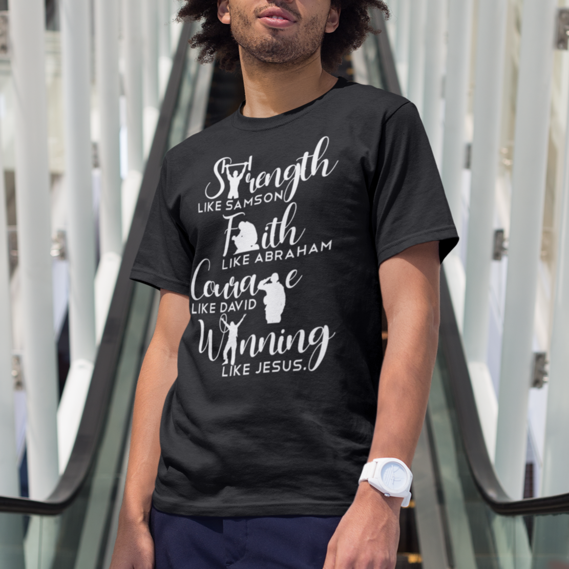 Person wearing a black t-shirt with white text and design, standing on a modern metal staircase.