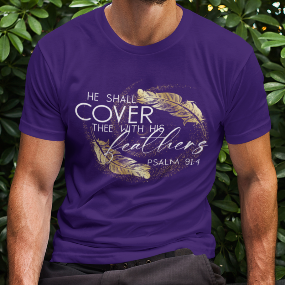 Man wearing a purple t-shirt with text and design, sitting outdoors against green foliage.