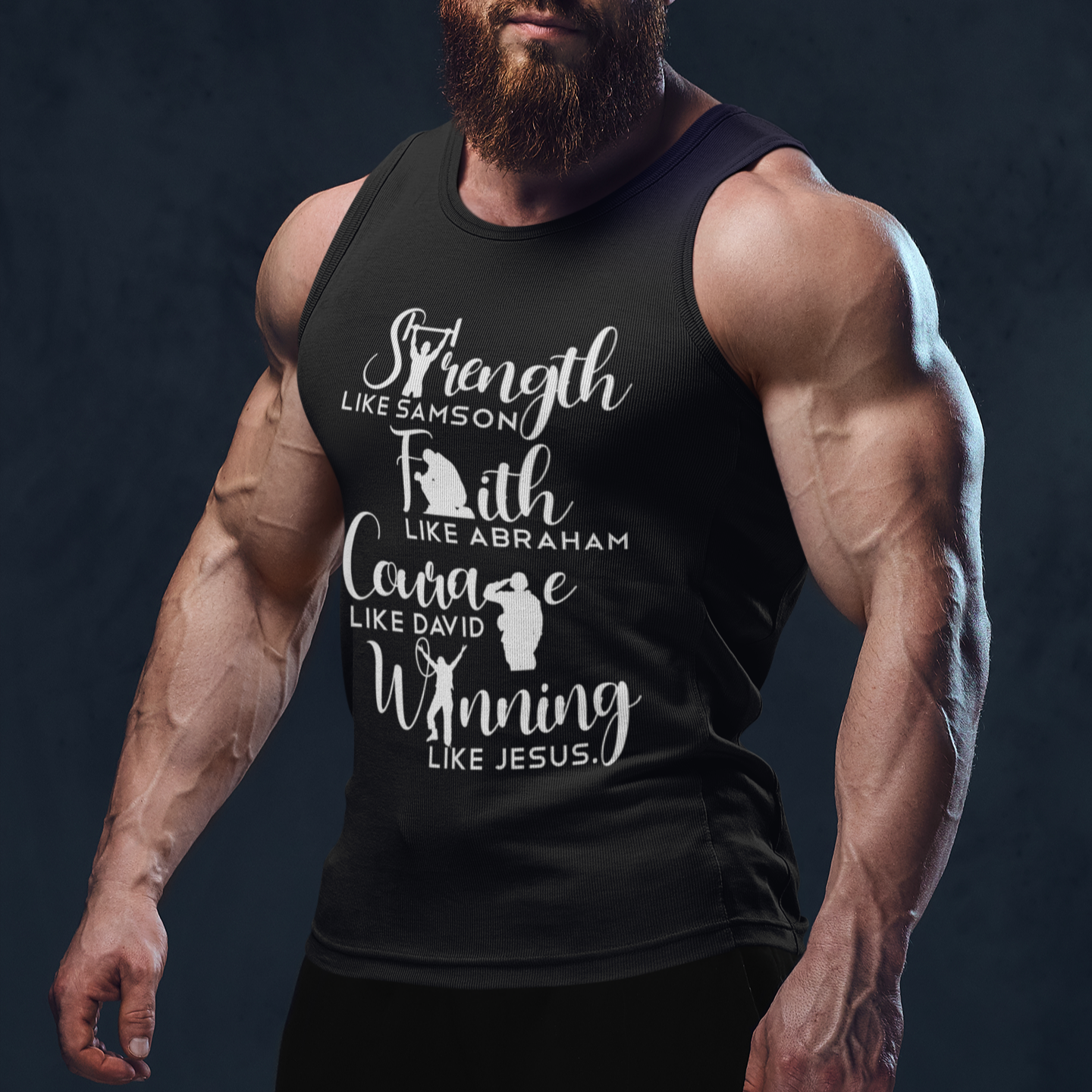 Muscular man wearing a black tank top with motivational text against a dark background