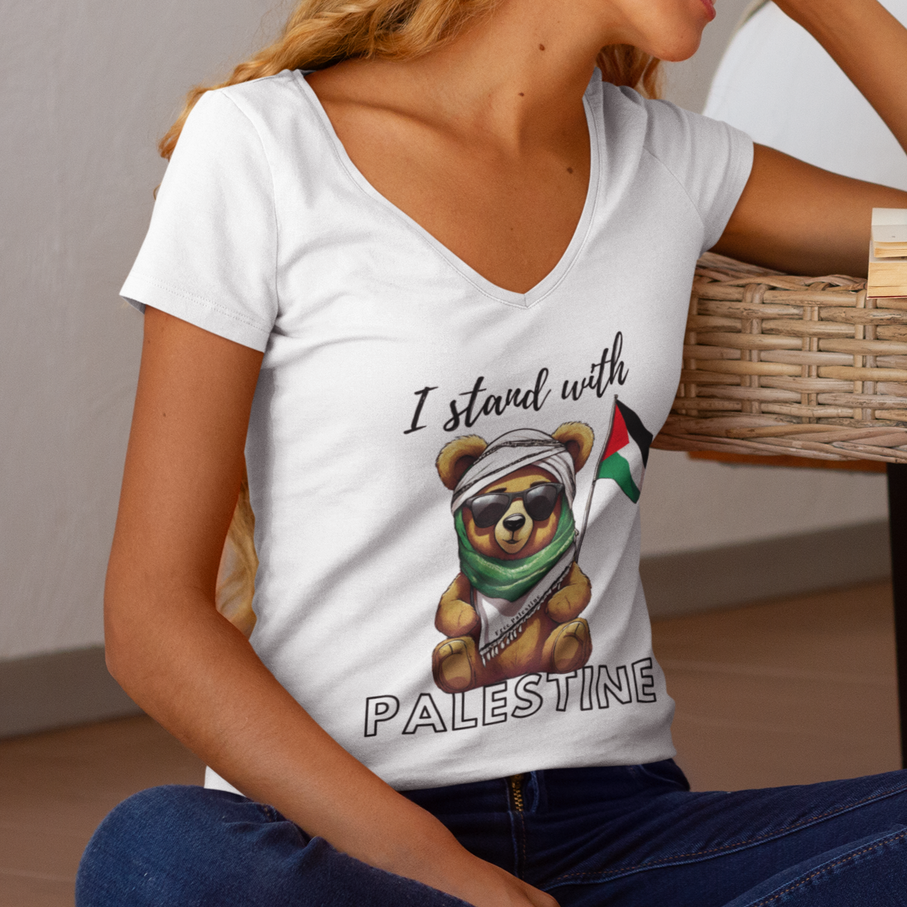 Woman wearing a white t-shirt with a bear graphic and 'I stand with Palestine' text, sitting on the floor.
