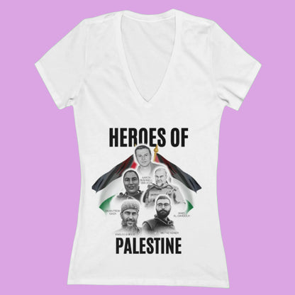 A white women's deep V-neck t-shirt with a graphic print of five men's faces and the text 'Heroes of Palestine'.