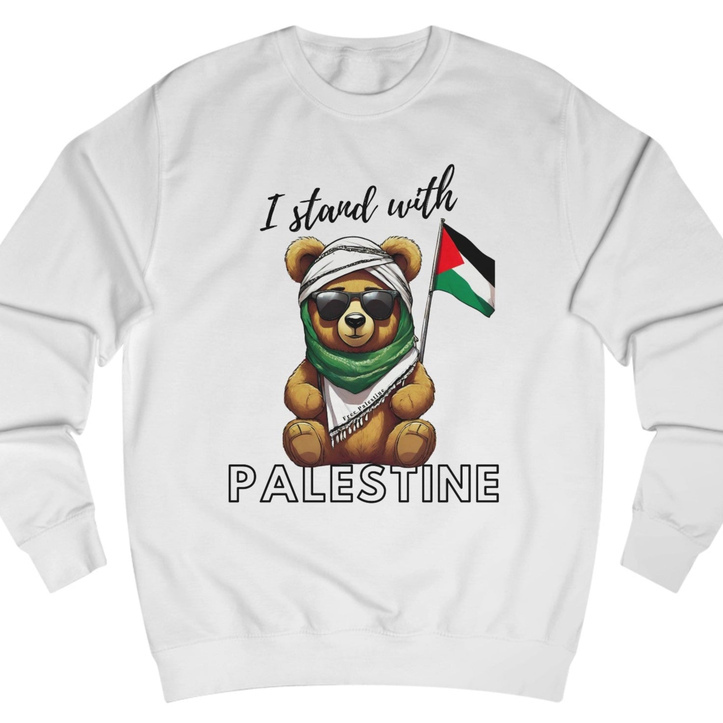 White sweatshirt with a bear holding a Palestinian flag and 'I stand with Palestine' text on a white background