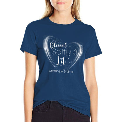 Navy blue t-shirt with 'Blessed Salty & Lit' design on a white background