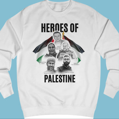 White sweatshirt with 'Heroes of Palestine' graphic featuring portraits and a flag on a white background