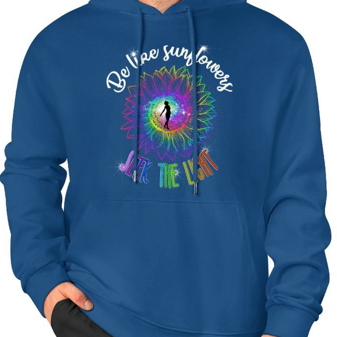 Blue hoodie with colorful design and text on a white background