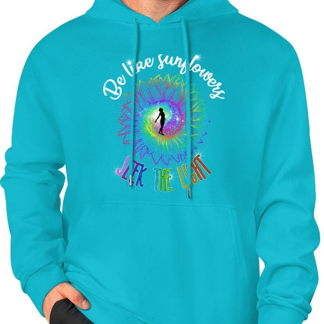 Turquoise hoodie with colorful design and text on a white background