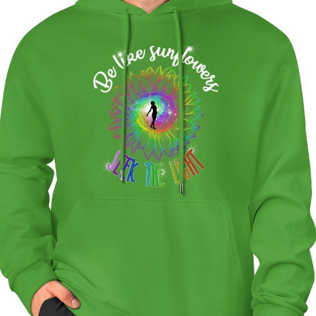 Green hoodie with colorful design and text on a white background