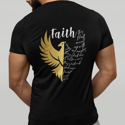 Black t-shirt with gold eagle design and text on the back, worn by a person.