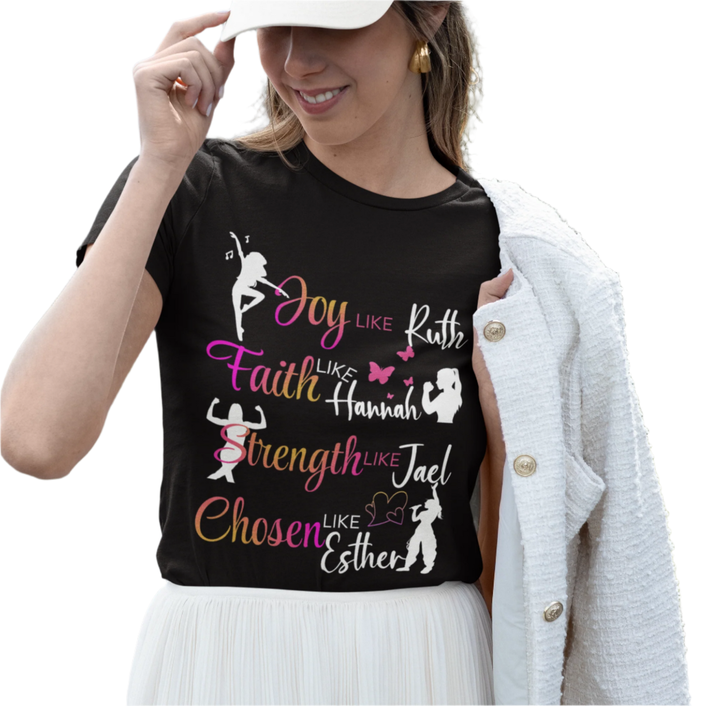 Woman wearing a black t-shirt with motivational quotes, standing outdoors.