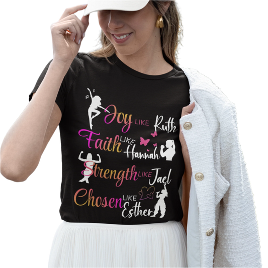 Woman wearing a black t-shirt with motivational quotes, standing outdoors.