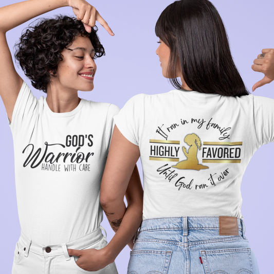 Two women wearing white t-shirts with motivational text, one facing forward and the other showing the back.