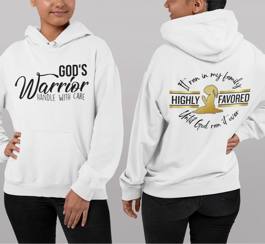 White hoodie with text and design on front and back worn by a person, on a gray background