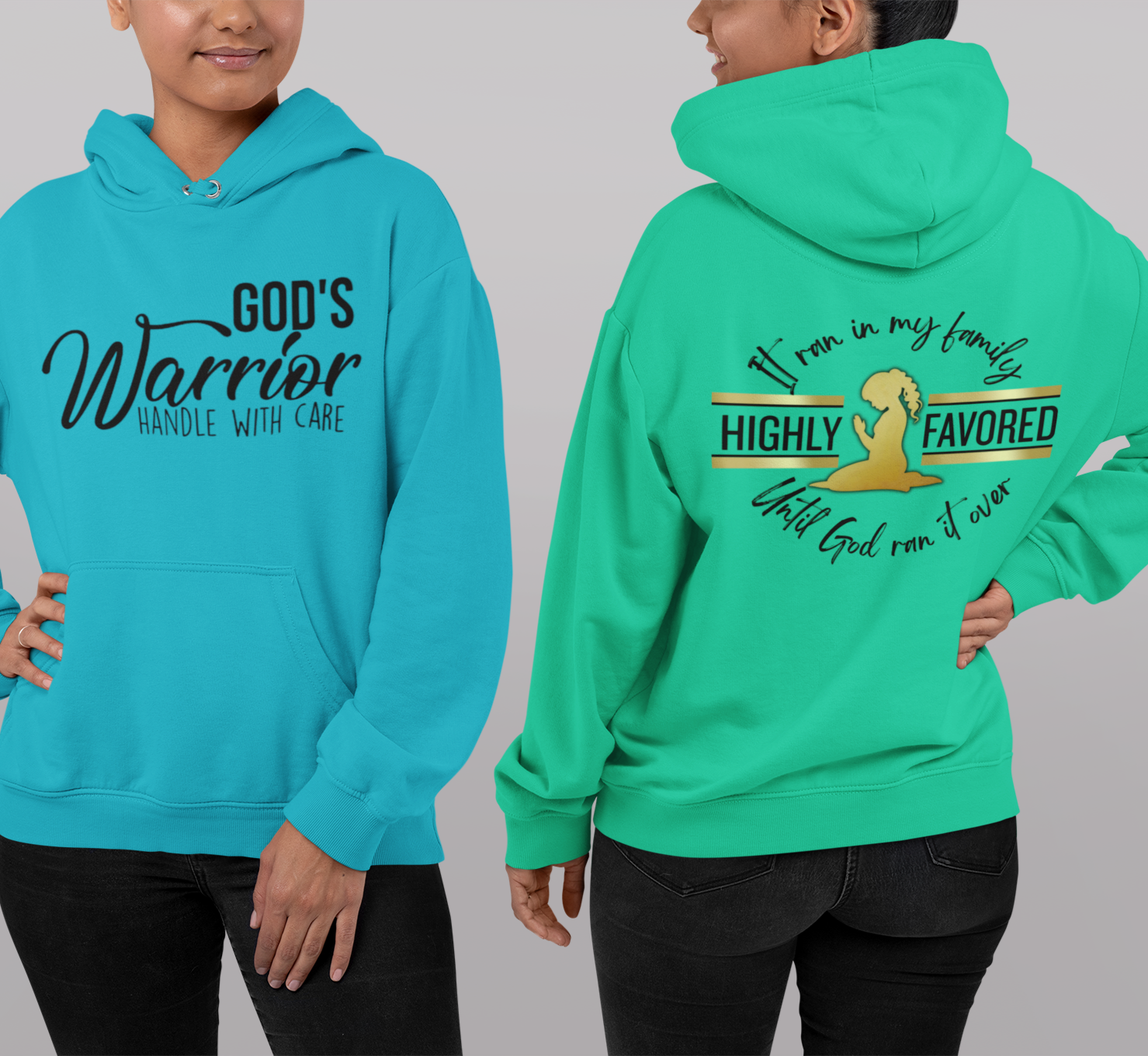 Turquoise hoodie with text on front and back worn by a person, on a plain background