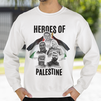Man wearing a white sweatshirt with 'Heroes of Palestine' graphic