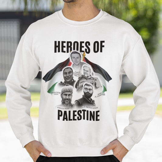 Man wearing a white sweatshirt with 'Heroes of Palestine' graphic