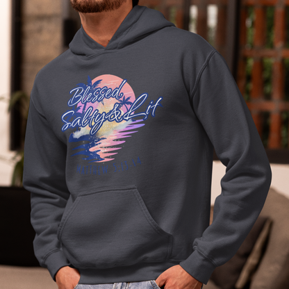 Person wearing a hoodie with a colorful graphic design in a casual setting
