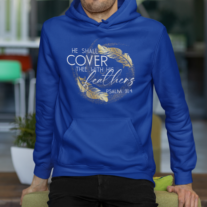 Man wearing a blue hoodie with text and design, sitting on a chair indoors.